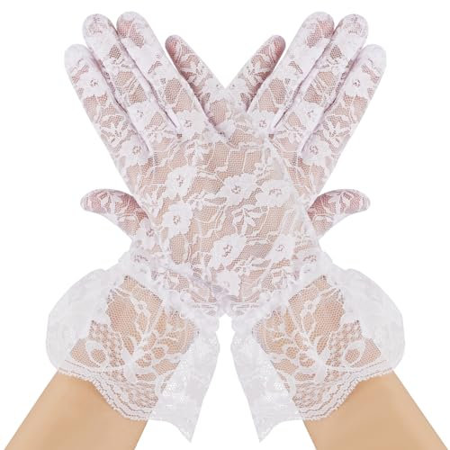 Lusofie Kurze Spitzenhandschuhe Weiß für Teeparty Handgelenklänge Blumenhandschuhe Damen für Braut Hochzeit Opernball Halloween Cosplay Handschuhe Hochzeit Spitze