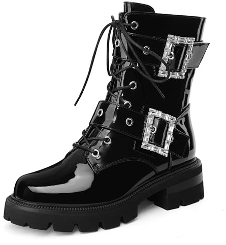 Perisis Women's Black Patent Leather Platform Lug Sole Low Chunky Heel Short Combat Boots Lace Up Buckles Zipper Fashion Ankle Booties(black,7.5)