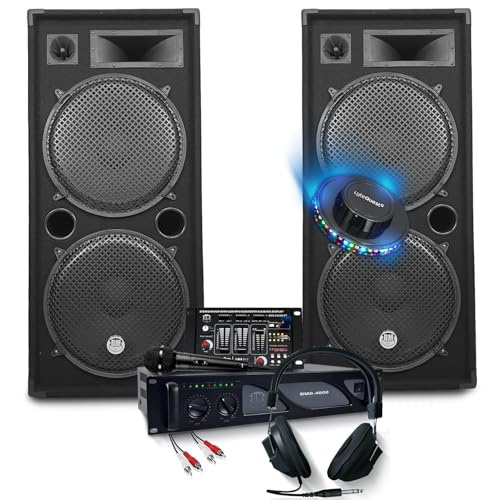 Pack completo di audio 3000 W di amplificazione + altoparlanti 2 x 2000 W, mixer USB Bluetooth, cuffie DJ, cavi, microfono