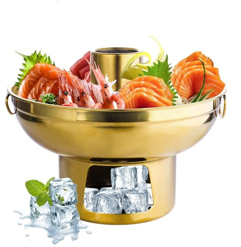 Fatiya Plato de acero inoxidable dorado para fiesta, bandeja para servir con hielo seco debajo, reutilizable, para comida fría, para aperitivos, leche, té, aperitivos, helados (dorado)