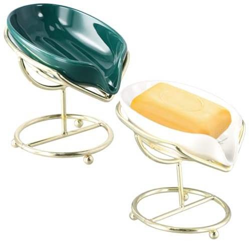 Paquete de 2 Jabonera en Forma de Hoja,13,5x8,5 cm Jabonera de Cerámica Extraíble,jabonera con Desagüe,Soporte de Jabón Autodrenante,Bandeja de Jabón para Ducha Cocina Baño Encimera