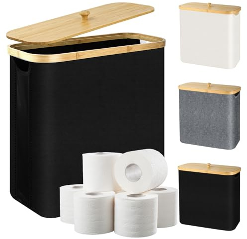 28L Cesta para Papel Higiénico con Tapa de Bambú, Cesta de Almacenamiento de Papel Higiénico de Bambú Plegable, Impermeable Organizador de Baño, Organizador de Papel Higiénico para 9-12 Rollos (Negro)