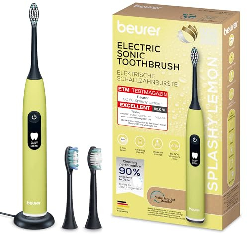 Beurer SC 50 Splashy Lemon Cepillo de dientes sónico eléctrico, 5 modos de cepillado y sensor de presión, 80.000 vibraciones, pantalla con indicador de tiempo de cepillado, 2 cabezales de recambio