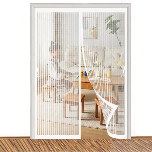 Magnet Fliegengitter Tür 102 x 178 cm Insektenschutz, Ohne Bohren, Stärkere Magneten, Automatisches Schließen, Magnet Insektenschutz Tür für Fenster, Zimmertür, Veranda, Weiß