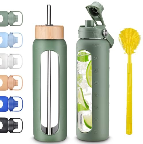 weasland 32 oz Glass Water Bottle with 2 Lids-Bamboo Straw Lid & Spout Lid,1 Liter Borosilicate Glass Tumbler with Silicone Sleeve, Leakproof BPA Free for Gym, Office, Home & Travel