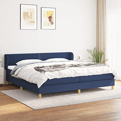Tonture resårsäng med madrass, blå 200 x 200 cm, tygöverdrag, höjdjusterbar sänggavel, fickfjädermadrass, för vilsam sömn