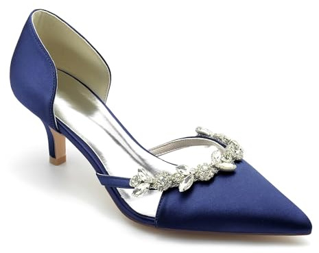 Women's Satin Pointed Toe Kitten Heels Rhinestone Pumps for Wedding Bridal Party Evening Prom Dress Shoes 2.36 Heel