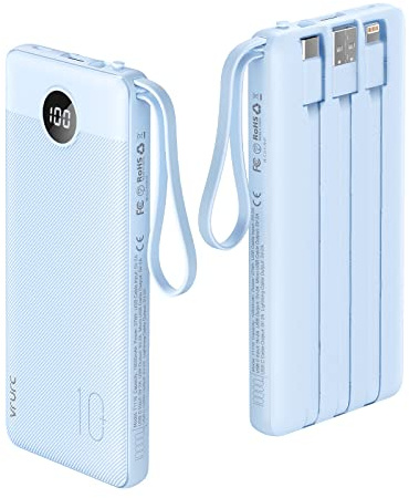 VRURC 10000mAh Power Bank With Built-in 4 Cables, Slim Portable Charger