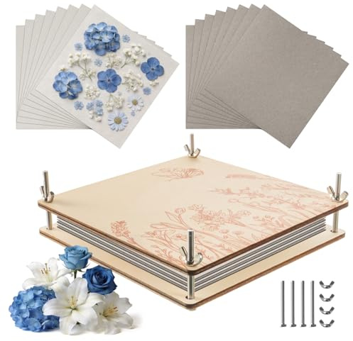 IONEKIUK Wooden Flower Press Kit for Adults & Kids, 10-Layer Flower Press | 18x18cm Large Pressed Flowers for Crafts & Preservation DIY Dried Flowers Lovers Flower Press with Tools, Blotting Paper