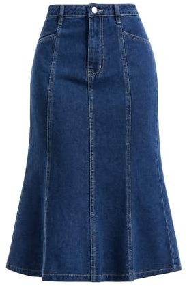 CIMUK Women's Fishtail Midi Denim Skirt | High Waisted, Ruffle Hem, Below the Knee Length, Fit and Flare, Casual Jean Skirts