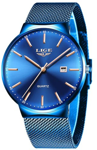 LIGE Reloj Hombre Azul, Relogio Homem Cuarzo Analógico, Agujas de Oro Rosa, Acero Inoxidable, Impermeable 3ATM, Regalos de Lujo, Negocios Lujo Aire Libre Ocio