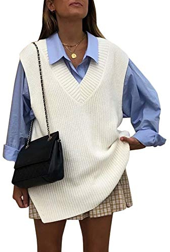 Minetom Pull sans Manche Col V Femme Gilet en Tricot Automne Hiver Débardeurs Chandail Oversize Bureau Pull-Over Tops Hauts C Blanc 40