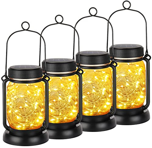 Mlambert 4 Pack Solar Hanging Lantern with Stakes, Outdoor Waterproof Solar Mason Jar Fairy String Lights Decorative Vintage Glass Lamp-Warm White
