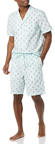 Amazon Essentials Conjunto de Pijama Corto de Tela Ligera con Cuello Esmoquin y Botones, Ropa para Estar en Casa Hombre, Azul Claro Blanco Piña, M