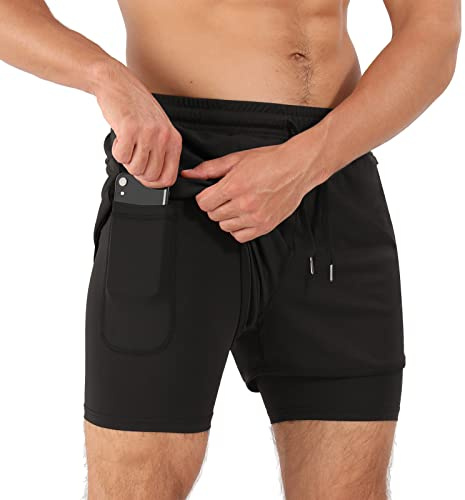 Superora Pantalones Cortos de Running para Hombre Pantalones Cortos de compresión Gimnasio Fitness Workout 2 en 1 Pantalones Cortos con Bolsillo para el móvil y Bolsillos con Cremallera