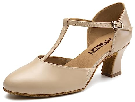 RUYBOZRY Zapatos de Baile Mujer Salsa y Bachata Zapatos de Baile Tango Profesional de Salon Suela Ante con Tacones de 6cm Beige EU 35