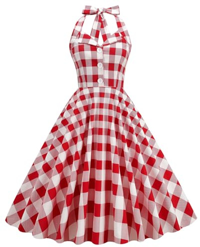 Robe rétro mi-Longue Dos Nu à Pois pour Femme-Plaid Rouge et Blanc-S