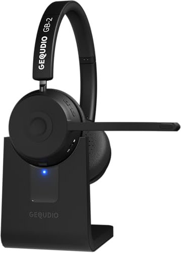 GEQUDIO GB-2 Headset mit Mikrofon Bluetooth | Kopfhörer Kabellos | Passives Noise Cancelling | 2 Geräte gleichzeitig verbinden (Handy, PC, Laptop) | Wireless Headset | Standby 500h (mit Ladestation)