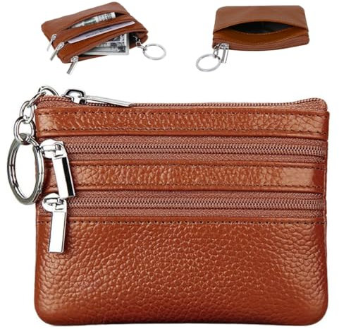 AFCJLTO Portachiavi in pelle con 2 comparti a cerniera per chiavi dell'auto, ideale per uomo, donna e bambino,Pratico e compatto porta chiavi portafoglio fatto a mano, disponibile in marrone