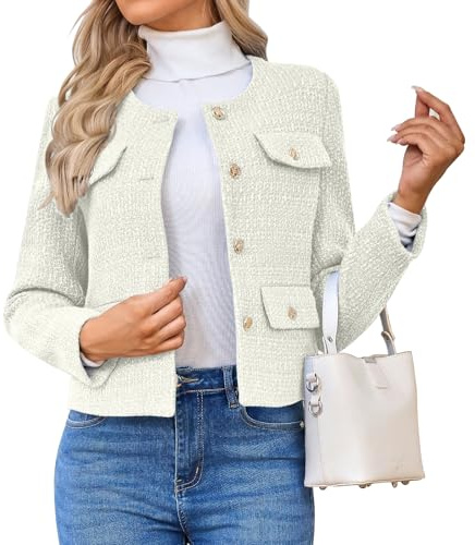 HUEOBIR Giacche da donna in tweed casual a maniche lunghe button down business corto casual cappotti ritagliati