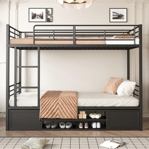 YEHTOKHOME Lit Superposé avec Casiers et étagères de Rangement 90x200cm Lit d'enfant avec échelle Latérale et Barrière Anti-Chute(sans Matelas) (Noir)