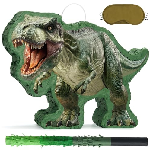 WERNNSAI Piñata de dinosaurio – Piñata tiranosaurio Rex con venda para los ojos y palo para niños, dinosaurio, decoración de fiesta de cumpleaños, baby shower, carnaval, suministros de celebración