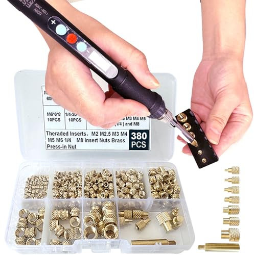 Kit de herramientas de inserción térmica - Tuercas de latón - Impresión 3D - 60W - Soldador digital y 380 piezas - Insertos roscados con puntas M2 M2.5 M3 M4 M5 M6 (1/4) M8 para inserciones