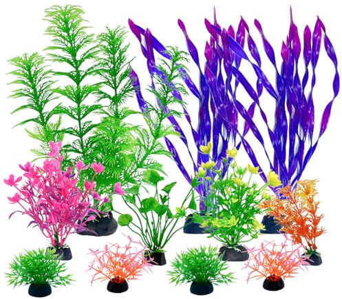 Accesorios para acuario, decoración de acuario, plantas artificiales, plantas acuáticas, acuarios, mini estanques, plantas de plástico, peces, tanques, tortugas, decoraciones, lila, verde, rosa roja