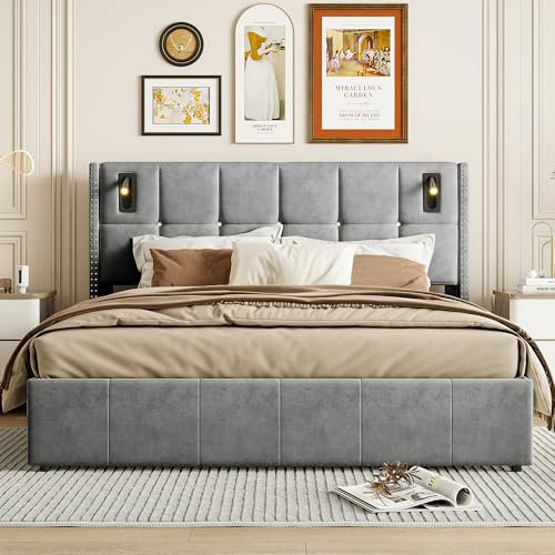BPKADHY Polsterbett 160x200 cm mit Leselicht & USB-C Ladefunktion, Doppelbett Bettgestell mit Kopfteil, Hydraulisch Stauraumbett mit Stauraum und Lattenrost, Samt Grau (Grau, 160x200)