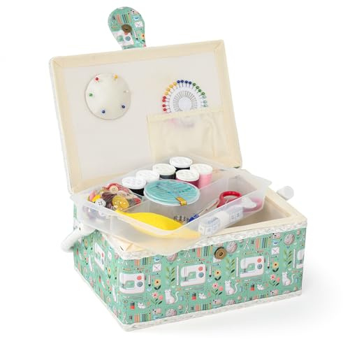 NOTIONSLAND Nähkörbe für Zuhause, mittelgroße Nähbox zur Aufbewahrung und Organisation, Nähkorb mit Zubehör, Geschenk für Weihnachten, Erntedank, Muttertag (Grasgrün)