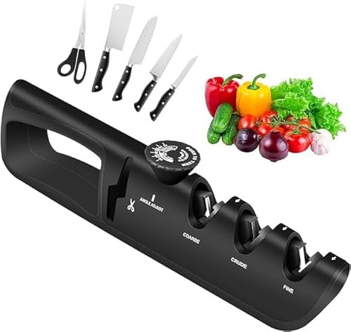 Affilacoltelli Professionale, Affilacoltelli Manuale a 4 in 1 con Manopola ad Angolo Regolabile per Affilare Coltelli e Forbici da Cucina, Affila con 4 Fasi in Acciaio e Ceramica e Base Antiscivolo