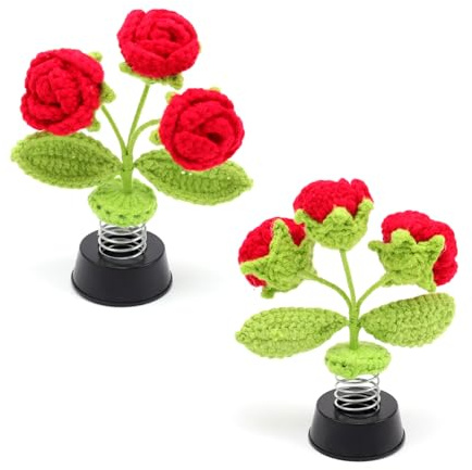 PARFCO Figura de rosas rojas, 14,5 × 9 cm, figura móvil para coche, punto a mano, flor solar, adecuada como cabeza oscilante en el coche, en la oficina y en casa
