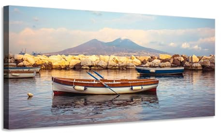 Panorama del Vesuvio e barche nel Golfo di Napoli - Quadro stampa su tela con telaio in legno - 120x60 cm