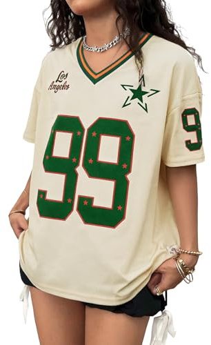 Y2k Jersey Shirts for Women Oversized V Neck Number Graphic Tees Football Streetwear Fashion Shirt Vintage Top Apricot