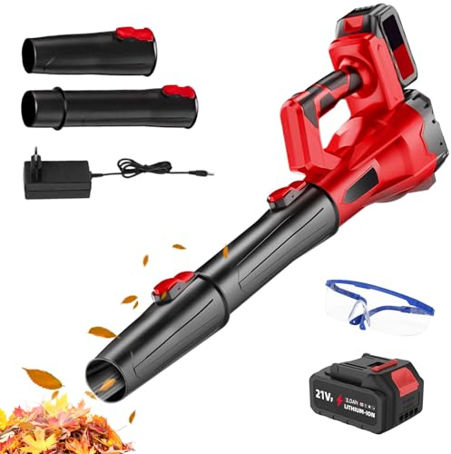 Soffiatore di foglie senza fili, 21 V, soffiatore a foglie morte con batteria e caricabatterie, soffiatore a foglie morte velocità massima 210 km/h, motore brushless potente, regolazione a 6 velocità