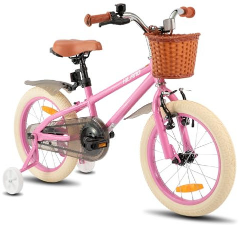 HILAND Spark 16 Zoll Kinderfahrrad für Mädchen, mit Stützrädern, Vorderhandbremse & Rücktrittbremse Fahrrad für Kinder, 14 Zoll Mädchenfahrrad mit Korb und Schutzblechen, Rosa