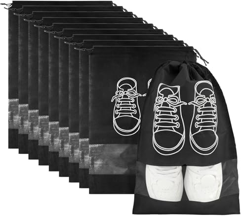 pilyero 10 Pezzi Sacchetti per Scarpe, Sacchetti Scarpe Viaggio, Organizer Scarpe, Accessori da Viaggio, Attrezzo di Utilità con Coulisse per Pantofole, Scarpe di Pelle (Nero)