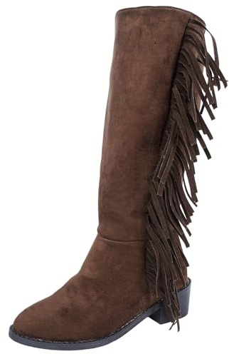 BIBOKAOKE Bottes à franges pour femme - Bottes hautes - Avec talon bloc - Bottes mi-hautes - Bottes d'hiver - Bottes western rétro pour femme, Style H02 marron, 37 EU