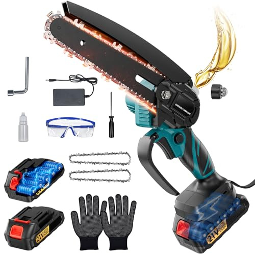 Mini motosega a catena con batteria da 6 pollici, motore senza spazzole da 550 W, 2 x 4000 mAh, con olio automatico e interruttore di sicurezza, sega a mano leggera per giardinaggio
