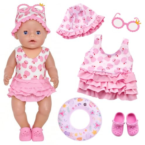 Xerteam dockkläder sommar simset för dockor, dockor, baddräkt, simring, solglasögon, skor kompatibla med 35–45 cm född babydockor, 5 stycken ank-tryck, simset för flickor, gåva