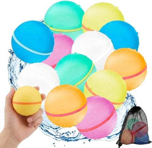 12PCS Reusable Water Balloons, Quick Fill Water Bombs, Non-Magnetic Refillable Water Balloons, Soft Silicone, Outdoor Pool Beach Summer Water Toy