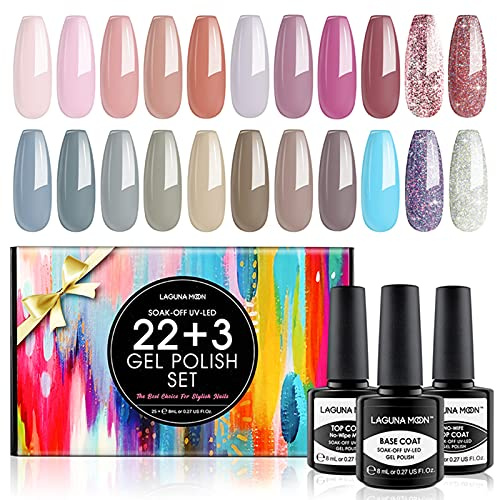 25pc Gel Nail Polish Set – Nude Colours with No-Wipe Top Coat, Matte Top Coat, Base Coat - Soak Off UV Manicure + Pedicure Gift Set Starter Kit for DIY Nail Art + Salon Use
