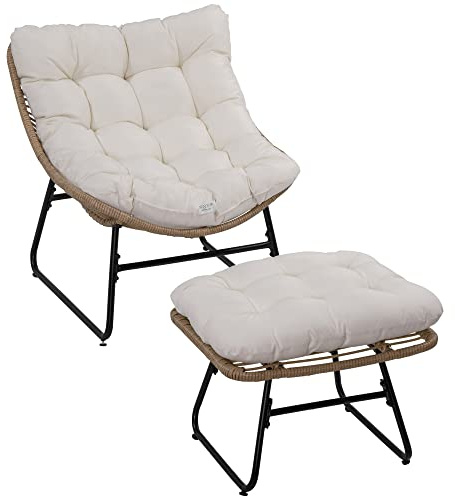 Outsunny Fauteuil Chaise de Jardin avec Coussins Moelleux Naturel | Repose-Pieds en Métal Époxy, Résine Tressée Aspect Rotin