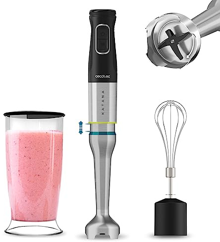 Cecotec Stabmixer Katana TotalDestroy 1200XL Cream. 1200 W, 21 Geschwindigkeiten und Turbo, 4 Klingen mit schwarzem Titan, Spritzschutzhaube, extra langer Fuß, 800-ml-Glas.