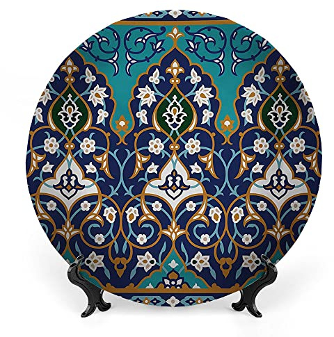 LIGUTARS Ceramic Display Plate, Moroccan Ceramic Hanging Decorative Plate, Ottoman Abstract Aged Middle Renaissance Print, 10 Inch, Living Room Kitchen Decoration Household, Navy Blue