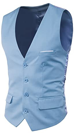 YMING Chaleco De Traje Formal De Caballero Chaleco De Vestir Casual Liso Chalecos Slim Fit Con Bolsillo Falso Para Traje Azul Claro M