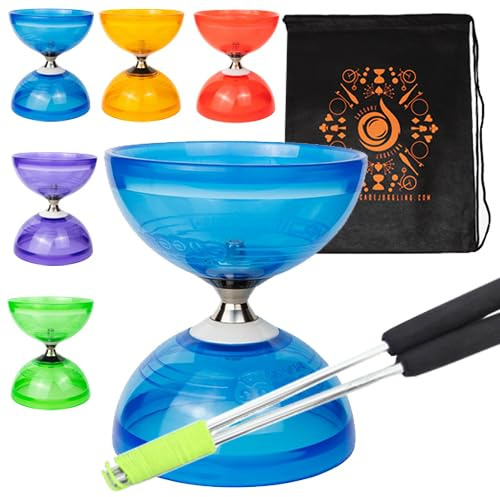 Jumbo Hurricane Pro Triple Bearing Clutch Diabolo Set with Aluminium 'Metal' Sticks, Diabolo String and Cascade Carry Bag (Blue with Silver Handsticks)