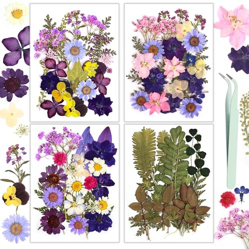 Dried Flowers, Resiners 100Pcs Pressed Flowers for Resin Soap Candle Scrapbook Supplies Card, Purple Real Natural Dried Flowers Dry Leaves Kit for DIY Papper Crafts Making Jewelry Decor