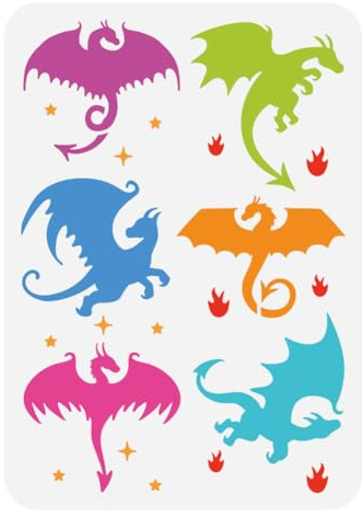 FINGERINSPIRE Wing Dragon Painting Stencil 21x29.7cm Reusable 6 Styles Pterosaur Pattern Drawing Template DIY Star Fire Dragon Silhouette Stencil for Painting on Wood Wall Fabric Furniture