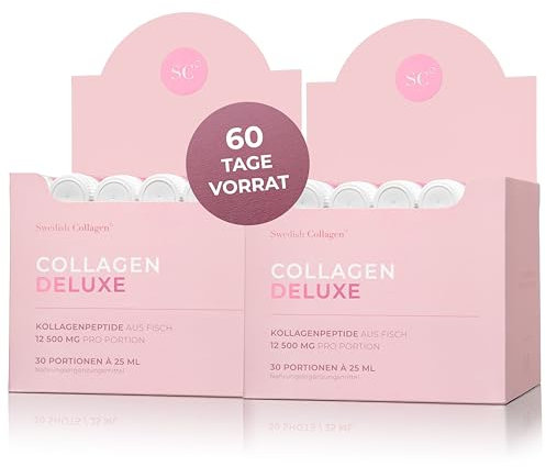 Swedish Collagen Deluxe 30 Shots x 2 I Bundle a 8 settimane I 12500 mg di collagene marino (tipo I e III) I acido ialuronico, biotina, vitamina C I senza zucchero - 8 Week Supply